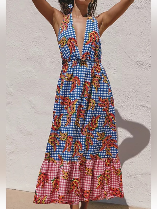 FARM Rio Dresses & Skirts - FARM Rio Blue Gingham Maxi Dress with Tropical Print
